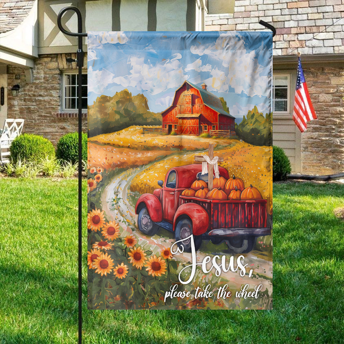 Teesdily | Jesus Take The Wheel House Flag, Jesus Christ Thanksgiving Garden Flag, Pumpkin Sunflower Autumn Flag, Farmhouse Seasonal Outdoor Decor