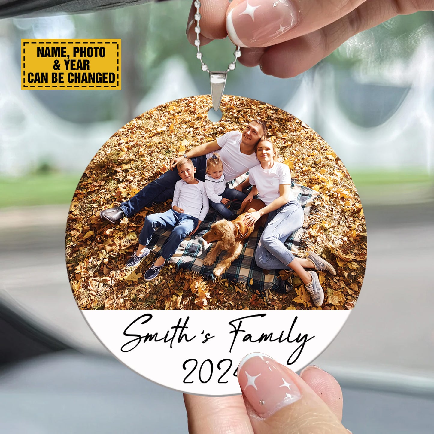 Teesdily | Personalized Family Picture Ornament Rear View Mirror Accessories, Unique Christmas Ornament, Family Memorial Ornament, Christmas Gift