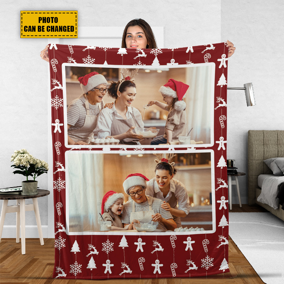 Teesdily | Christmas Pattern Picture Blanket Personalized Photo Xmas Family Friend Custom Photo Blanket Christmas Custom Blanket For Sofa Bedroom