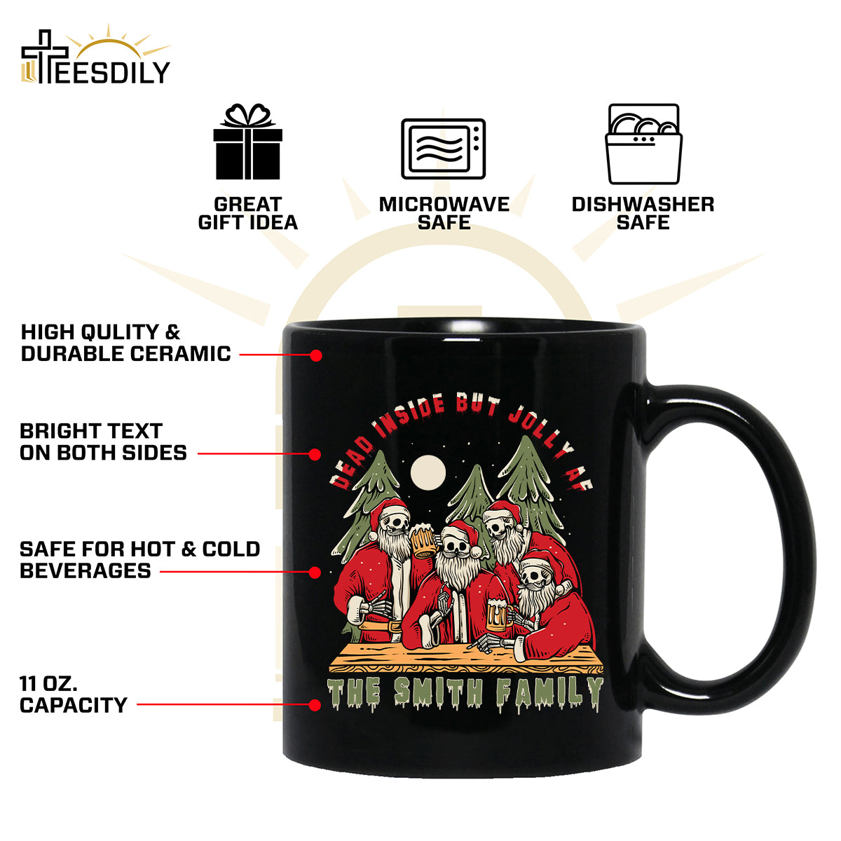 Teesdily | Personalized Family Skeleton Christmas Shirt, Dead Inside But Jolly Af Sweatshirt Hoodie Mug, Funny Skull Xmas Gifts