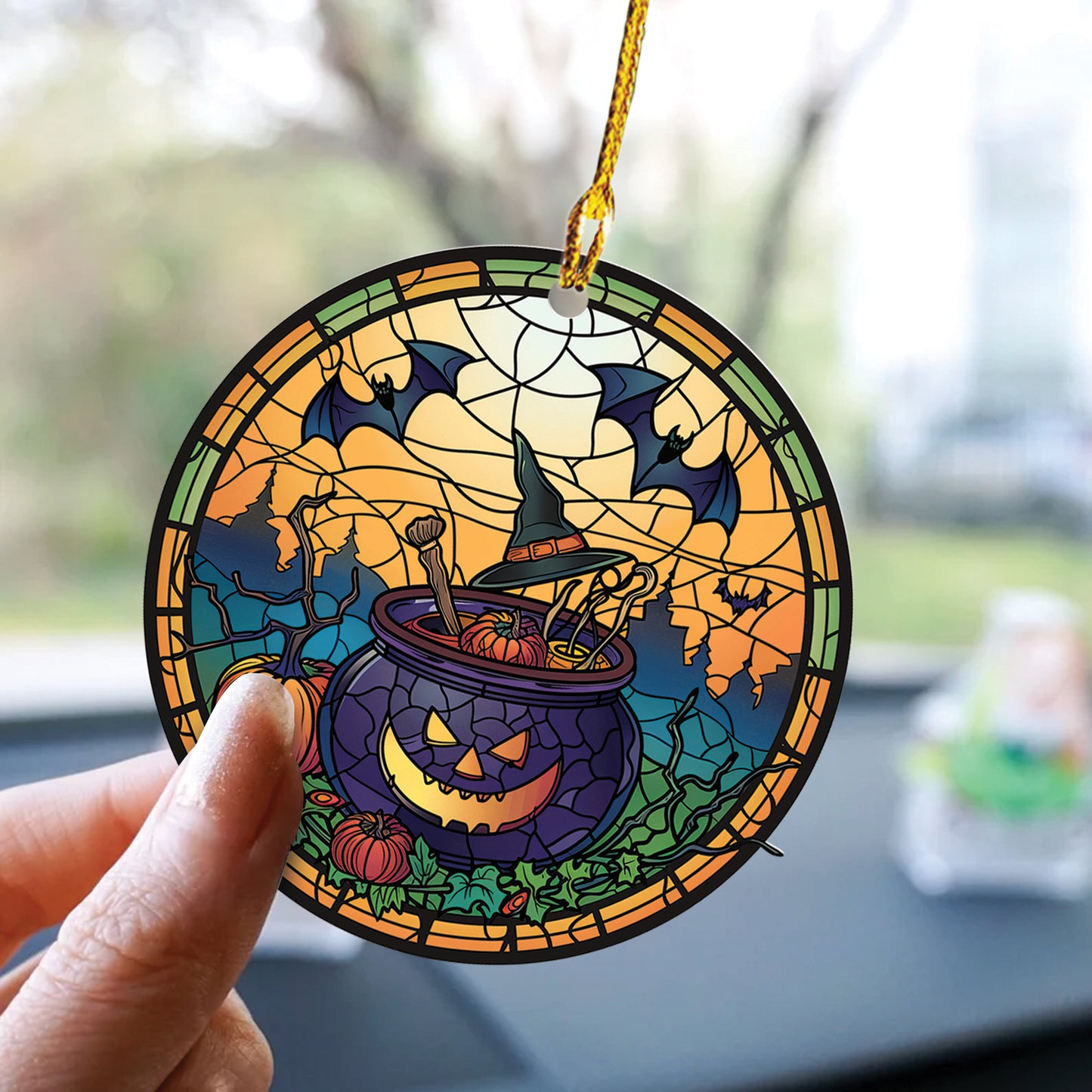 Teesdily | Halloween Ornament Witch Car Pendant Hanging, Pumpkin Bat Poison Witch Car Rear View Mirror, Halloween Witch Ornament Decor, Holiday Gift