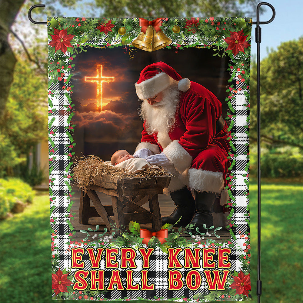 Teesdily | Santa Claus Kneeling With Baby Jesus Christmas Garden Flag, Every Knee Shall Bow House Flag, Christmas Yard Decor