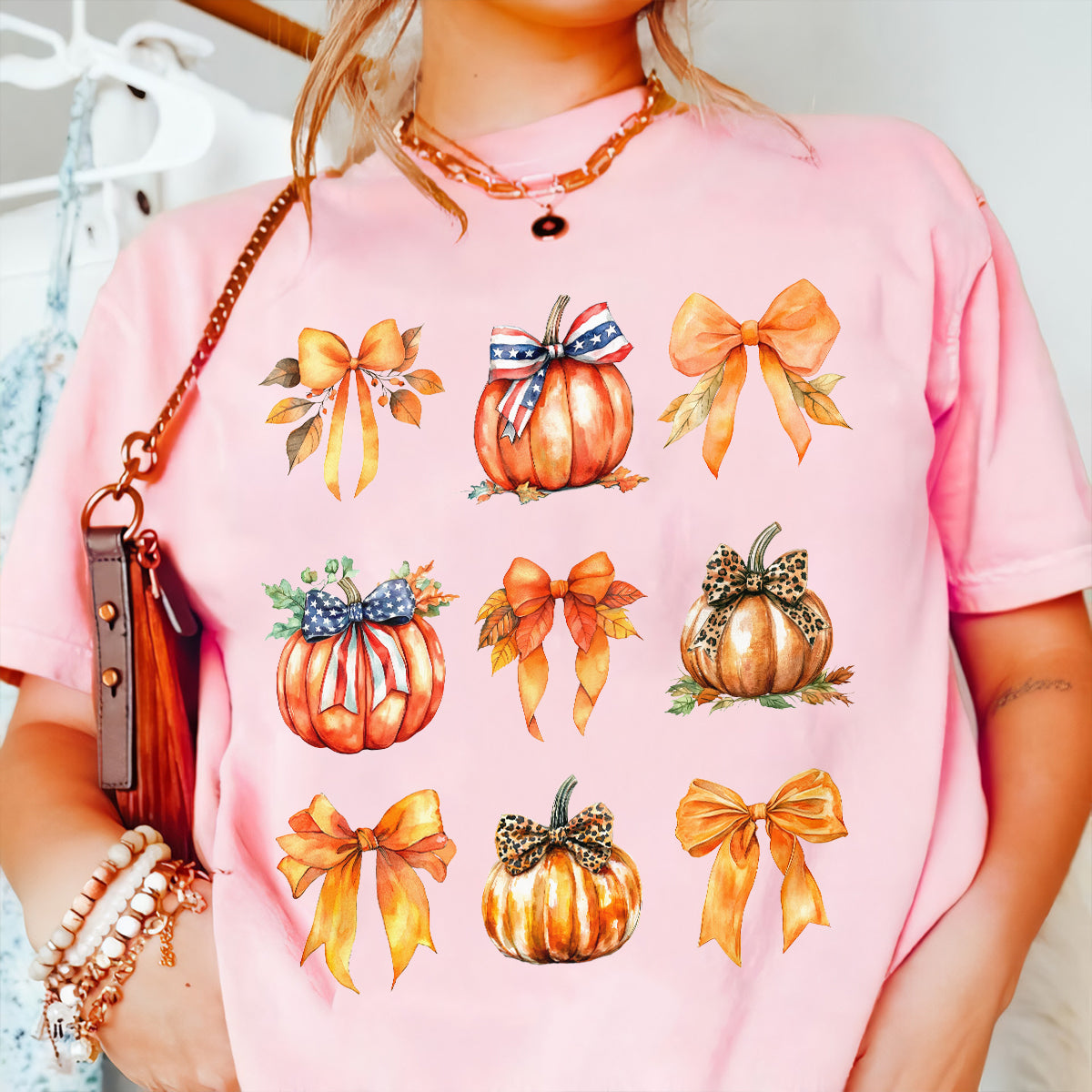 Teesdily | Retro Fall Pumpkin Shirt, Retro Halloween Coquette Bow Spooky Mama Sweatshirt Hoodie Mug, Fall Pumpkin Coquette Bow T-shirt