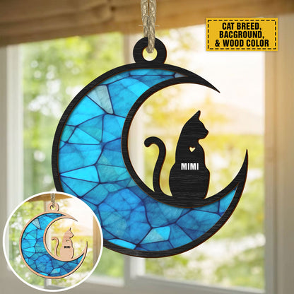 Teesdily | Personalized Cat On Moon Suncatcher Window Hangings, Keep Memories Custom Cat And Name Ornament, Gifts For Cat Lovers