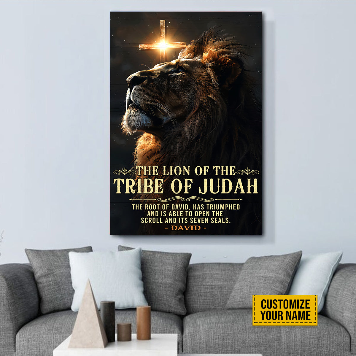 Teesdily | Personalized Jesus Cross Lion Poster, The Lion Of The Tribe Of Judah Poster, Christ Wall Art Bible Quote, Religious Poster Canvas