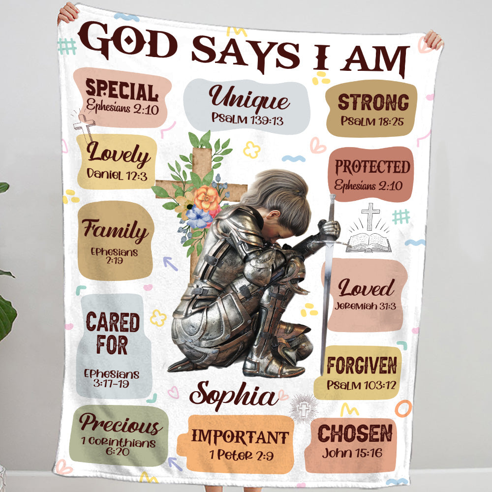 Teesdily | Customized Woman Warrior God Says I Am Blanket, Christian Armor Of God Affirmations Blanket, Jesus Cross Xmas Gift