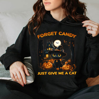 Teesdily | Halloween Cute Cat Shirt, Forget Candy Just Give Me A Cat Tee Sweatshirt Hoodie Mug, Halloween Cat Lovers Gifts, Cat Halloween Moon Shirt