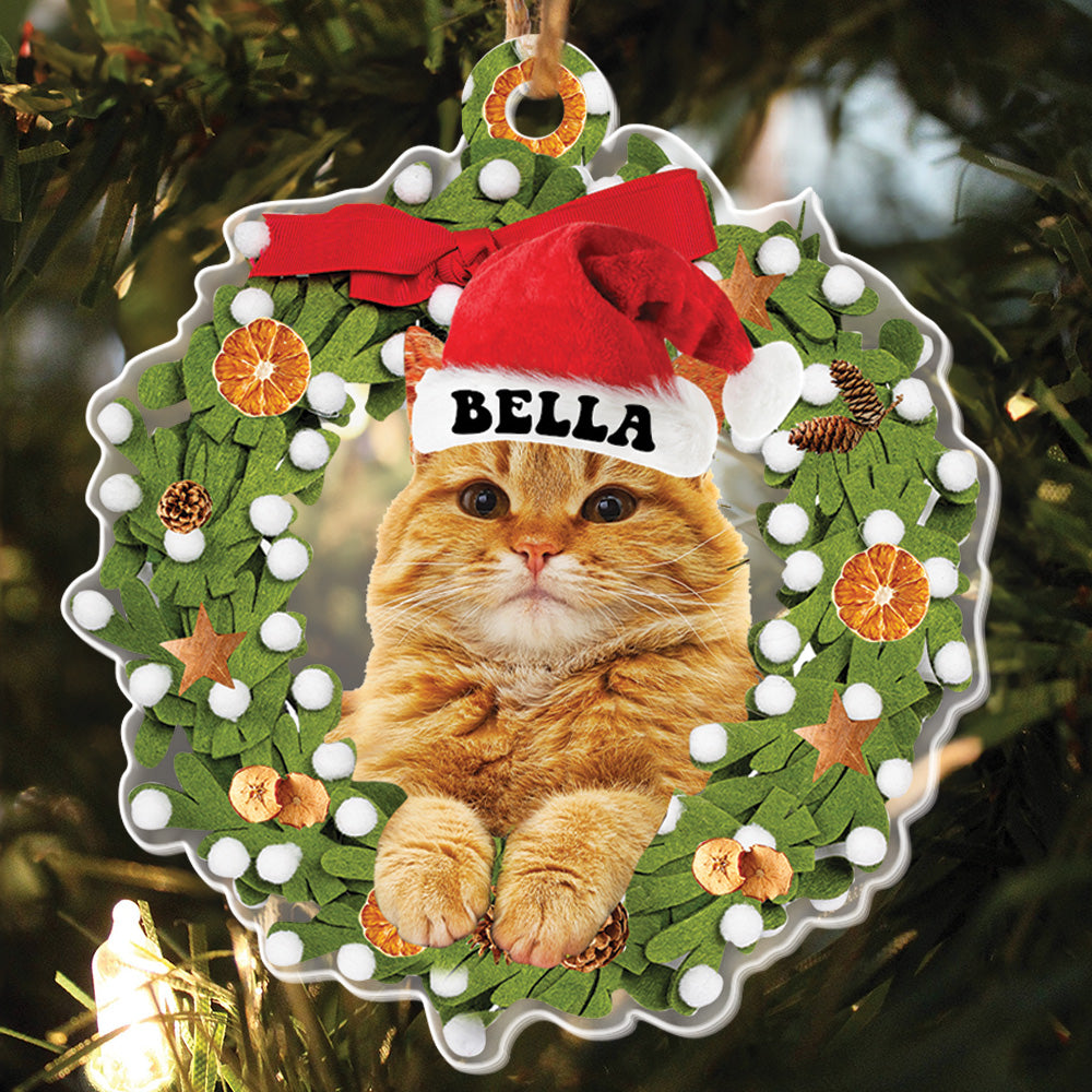 Teesdily | Customized Cat Christmas Ornament, Cute Cat Wreath Christmas 2D Flag Ornament, Cat Mom Cat Dad Ornament, Christmas Gift