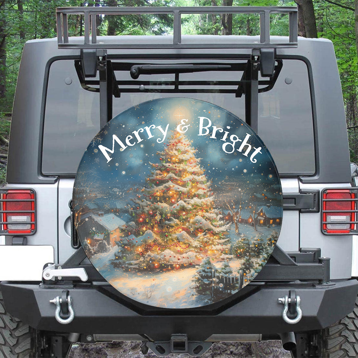 Teesdily | Christmas Tree Car Spare Tire Cover, Merry And Bright Car Wheel Cover Family Christmas Gift, Holiday Winter Tis The Season, Car Decoration