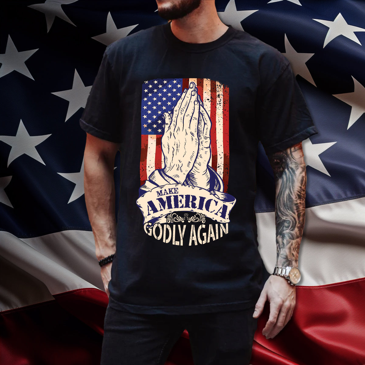 Teesdily | American Flag Jesus Praying Hands Shirt, Make America Godly Again Tee Sweatshirt Hoodie Mug, Jesus Lovers Gifts, Christian Apparel