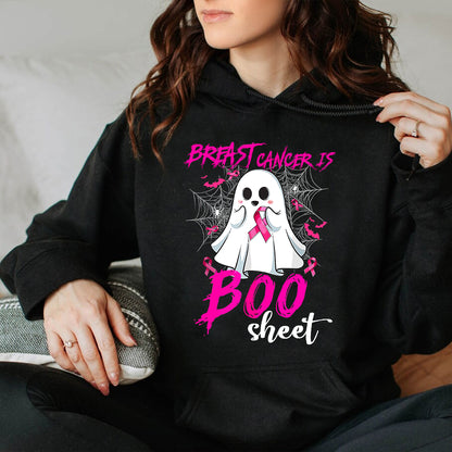 Teesdily | Pink Ribbon Breast Cancer Is Boo Sheet Shirt, Cute Halloween Ghost Boo Sweatshirt, Cancer Survivor Hoodie Mug