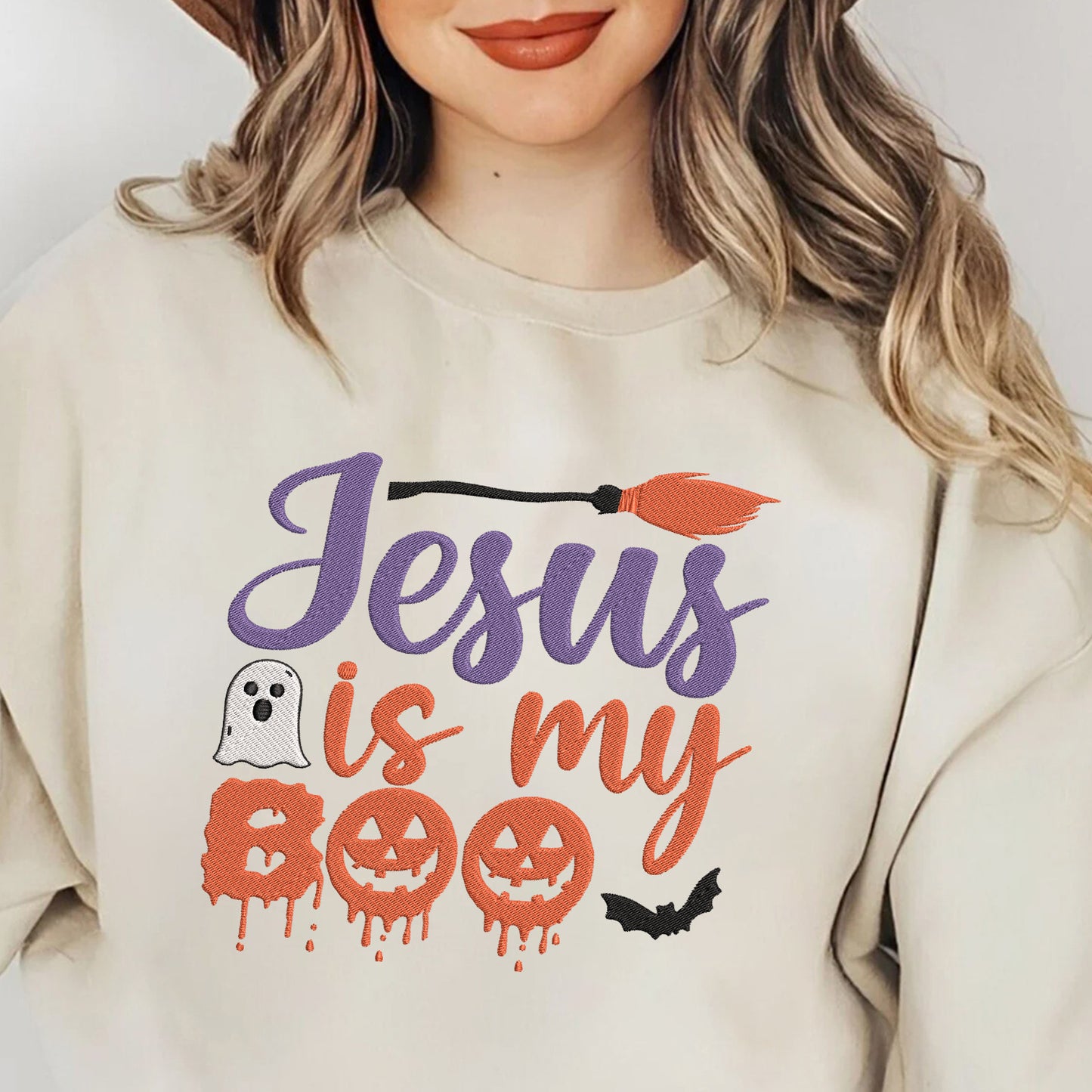 Teesdily | Jesus Is My Boo Embroidered Shirt, Christian Halloween Boo Spooky Ghost Bat Witch Embroidery Sweatshirt, Christian Fall Faith Shirt Gift