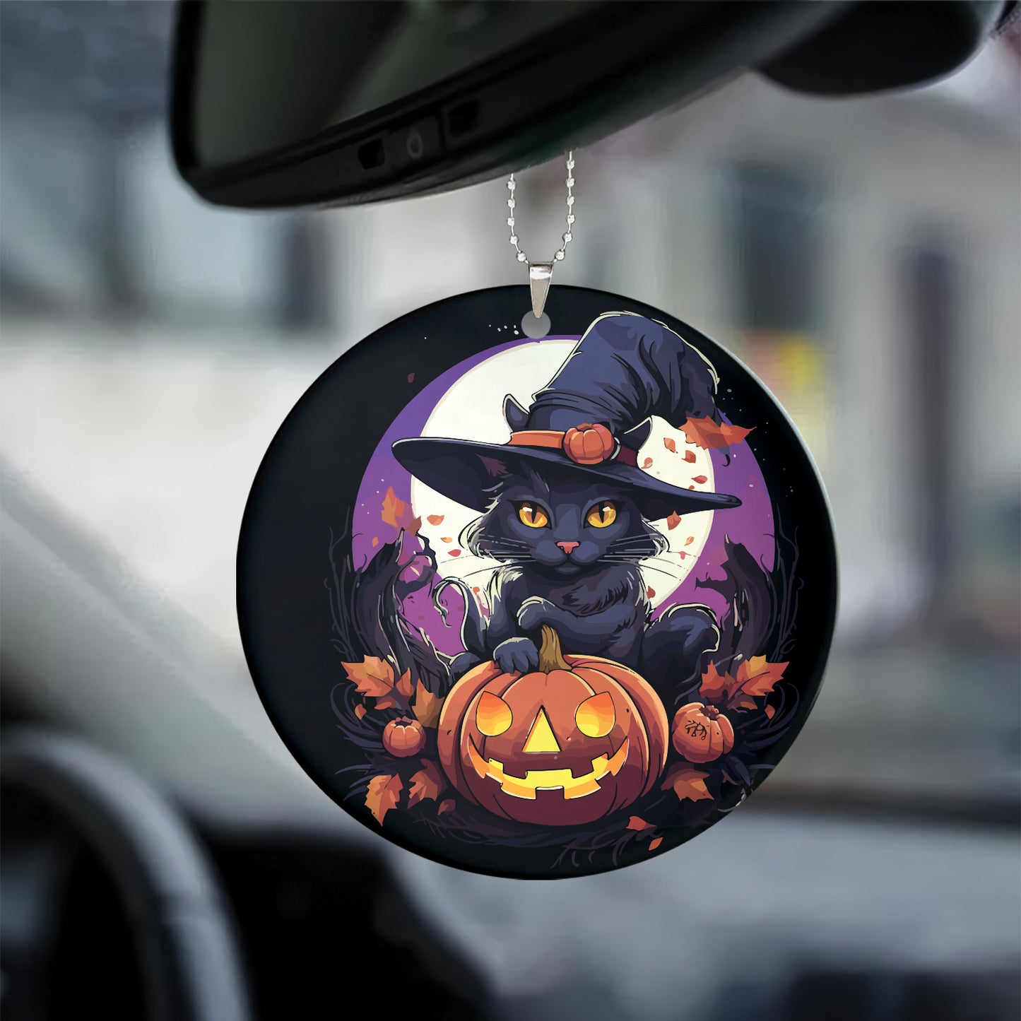 Teesdily | Black Cat Halloween Ceramic Ornament, Happy Halloween Spooky Kitten Circle Acrylic Ornament, Halloween Home Decor Gifts, Cat Lovers Gifts