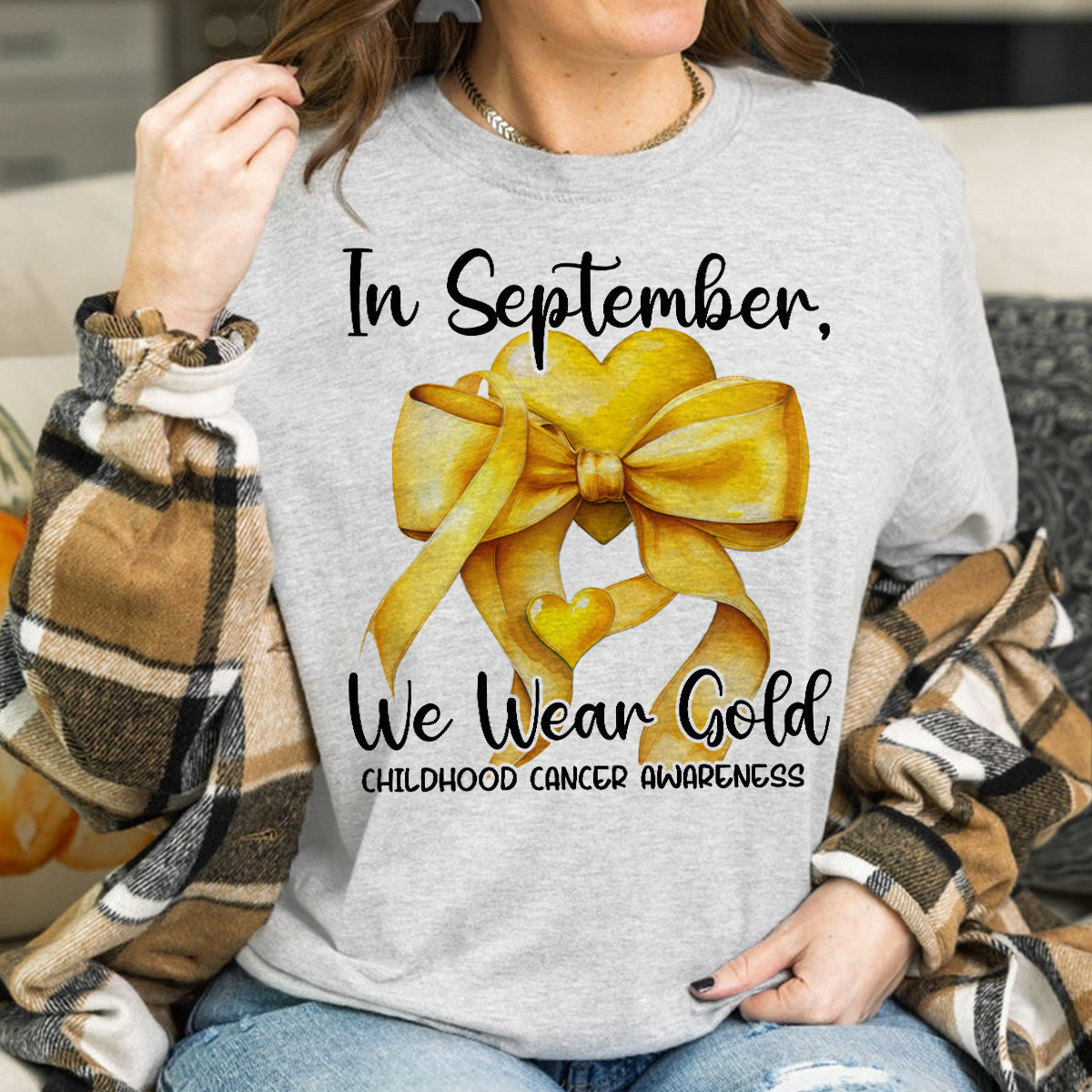 Teesdily | In September We Wear Gold Shirt, Cancer Coquette Bow Gold Sweatshirt, Childhood Cancer Awareness Hoodie Mug Survivor