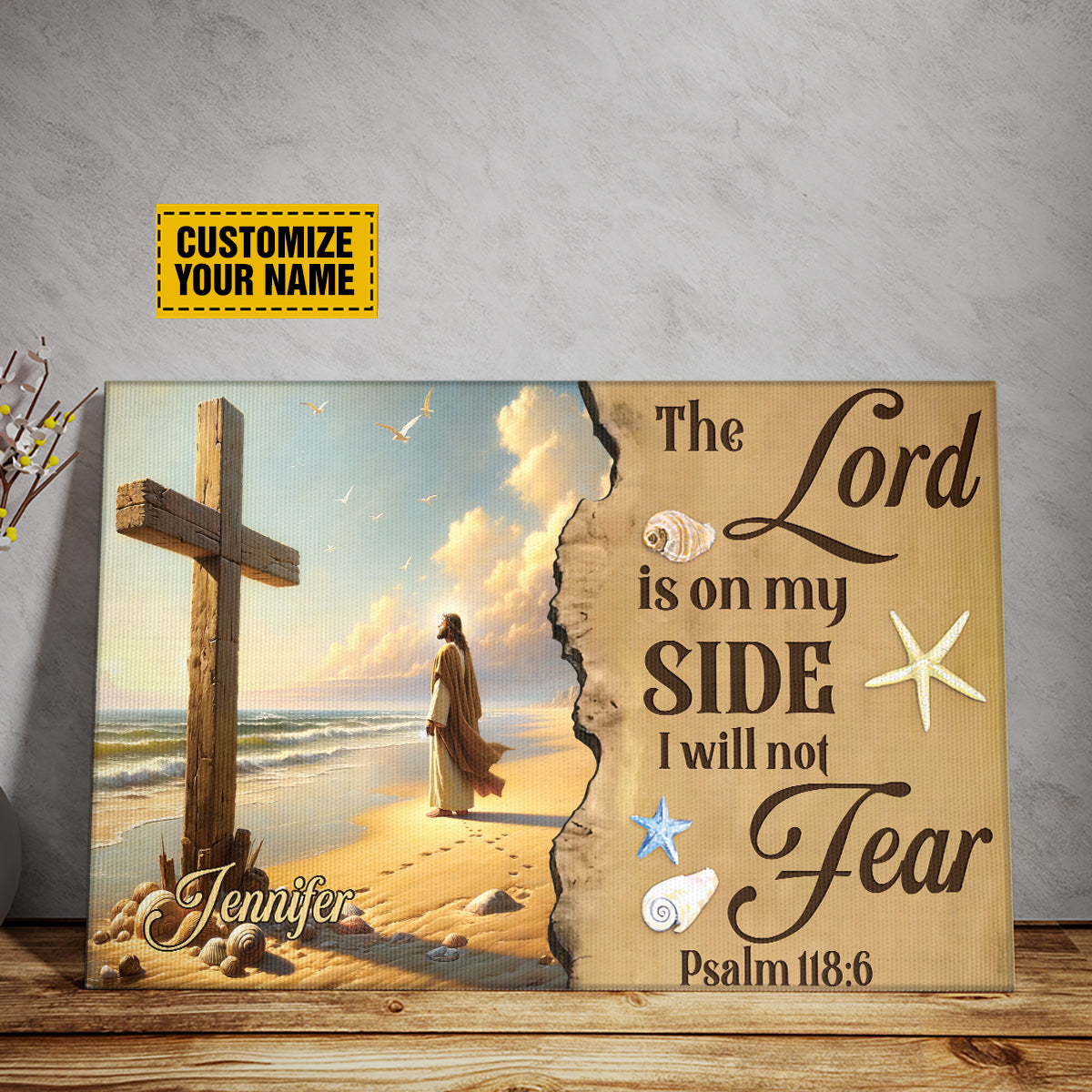 Teesdily | Customized Jesus Beach Art Canvas Print, The Lord Is On My Side Poster Canvas, Nautical Beach Theme Home Decor, Christian Gifts