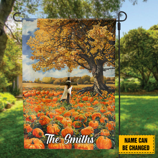 Teesdily | Jesus Thanksgiving House Flag, Autumn Pumpkin Field Landscape Garden Outdoor Flag, Fall For Jesus He Never Leaves Seasonal Decorations