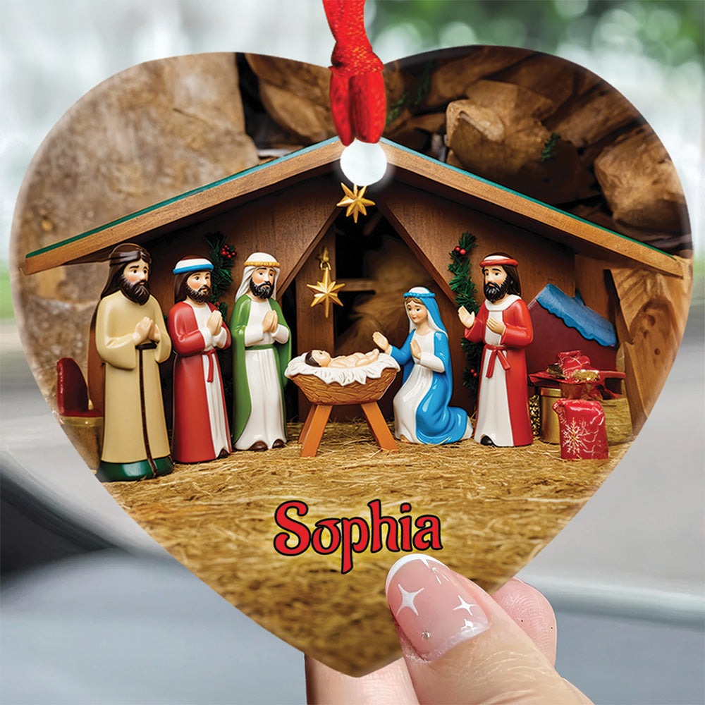 Teesdily | Personalized Holy Night Jesus Nativity Scene Ceramic Ornament, Jesus Christmas Ornament, Jesus Lover Xmas Gift