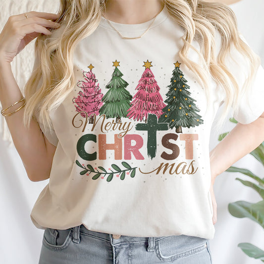 Teesdily | Merry Christmas Shirt, Jesus Christmas T-shirt, Christian Christmas Tree Sweatshirt, Holiday Christmas Hoodie Mug Gift