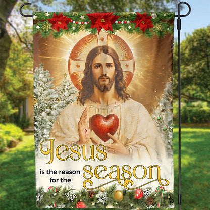 Teesdily | Jesus Christ Scared Heart Christmas Flag, Jesus Is The Reason For The Season House Flag, Xmas Tree Flag Decor Garden