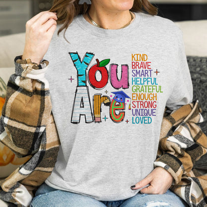 Teesdily | You Are Kind Loved Brave Enough Shirt, Back To School T-shirt, Teacher Love Sweatshirt Hoodie Mug, First Day Of School Tee, Teacher Gift