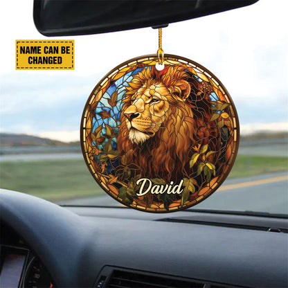 Teesdily | Customized Jesus Lion Ornament Car Hanger, The Lion Of Judah Car Rear View Mirror, Church Religious Acrylic Ornament, Jesus Lover Gift