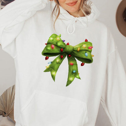 Teesdily | Green Christmas Coquette Bow Shirt, Green Fur Bow Christmas Sweatshirt, Christmas Light Bow Hoodie, Retro Christmas Gift