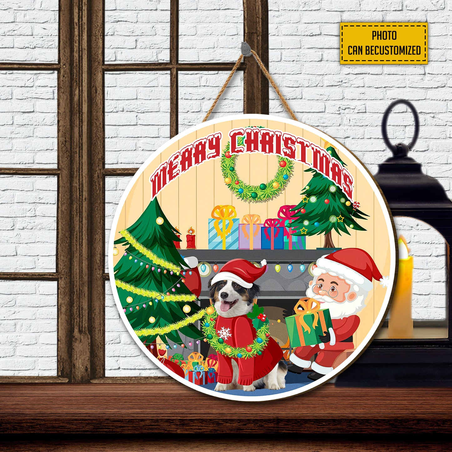 Teesdily | Christmas Personalized Signs With Pet Face, Merry Christmas Door Hanger, Christmas Door Signs Personalized, Front Door Welcome Sign