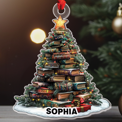 Teesdily | Customized Christmas Book Tree Name Ornament, Bookish Ornament, Book Club Bookworm Ornament, Librarian Book Lover Gift