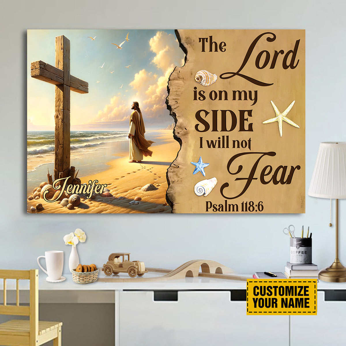 Teesdily | Customized Jesus Beach Art Canvas Print, The Lord Is On My Side Poster Canvas, Nautical Beach Theme Home Decor, Christian Gifts