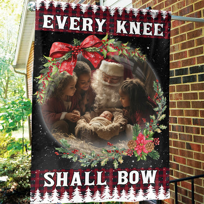 Teesdily | Santa Claus Kneeling With Baby Jesus Christmas Garden Flag, Every Knee Shall Bow House Flag, Christmas Yard Decor