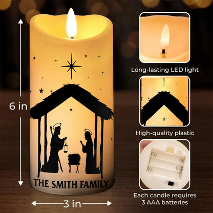 Teesdily | Custom Jesus Nativity Scene LED Candle No Battery, O Holy Night Music Sheet Nativity Christmas Decor, Religious Gift