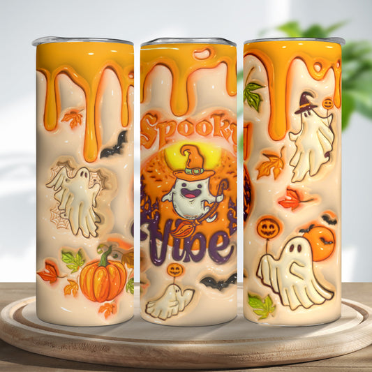 Teesdily | Halloween Spooky Vibes Ghost 3D Inflated Skinny Tumbler, Ghost Pumpkin Tumbler 20oz, Cute Ghost Tumbler Coffee, Happy Halloween Gifts
