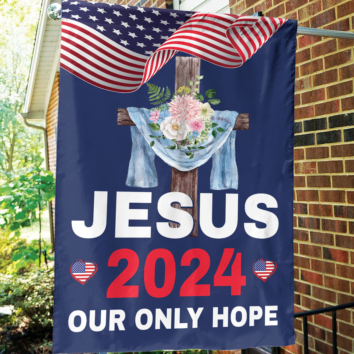 Teesdily | Jesus 2024 Our Only Hope Garden Flag, Christ Cross Flower American Flag, God Patriotic House Flag, Outdoor Yard Decor, Jesus Lovers Gift