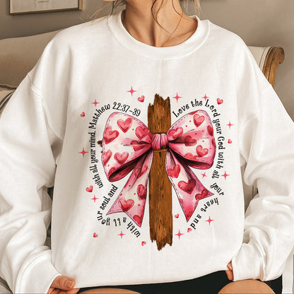 Teesdily | Jesus Cross Bow Shirt, Pink Bow Coquette Valentine Sweatshirt, Love The Lord Your God With All Your Heart Hoodie Mug