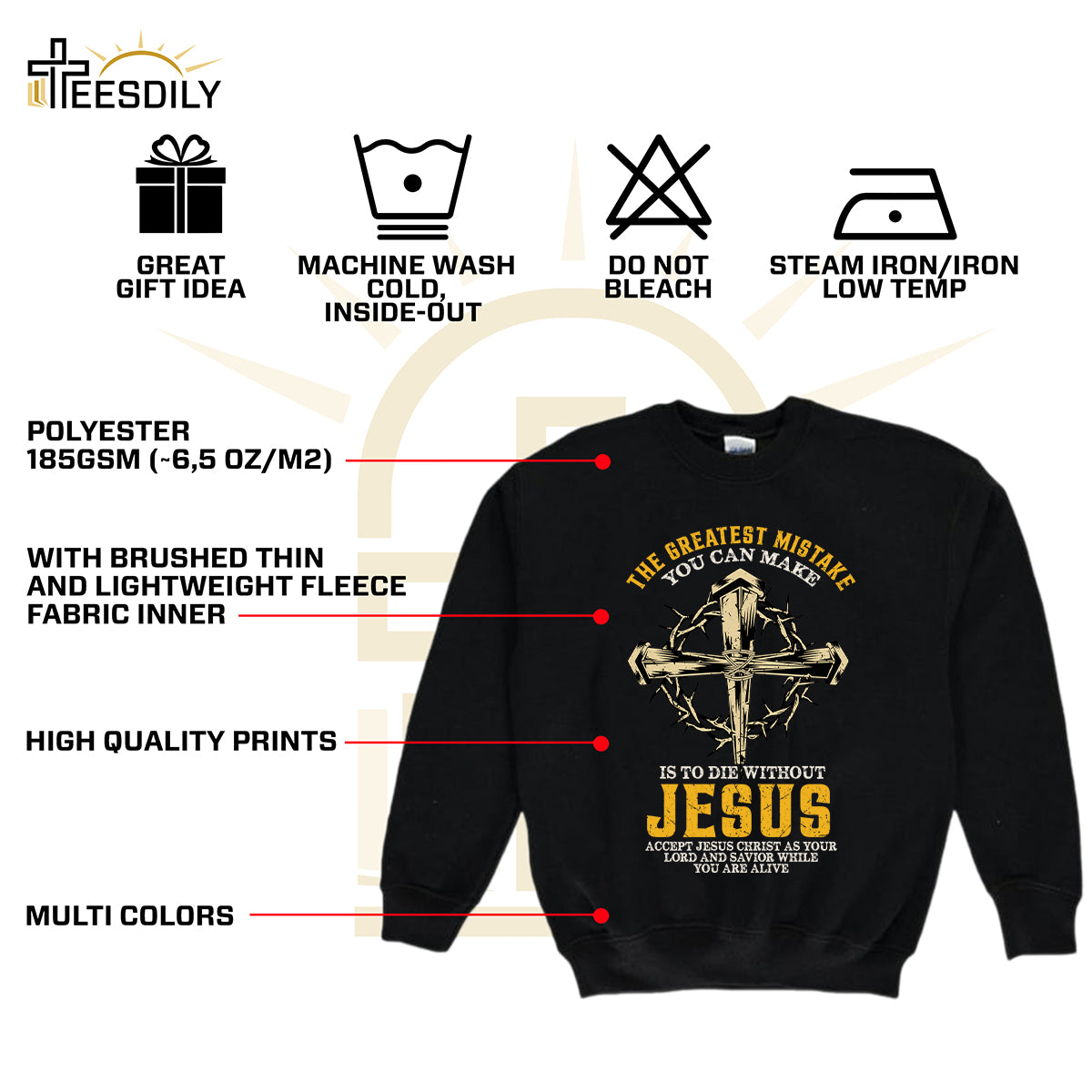 Teesdily | Jesus Cross Crown Shirt, The Greatest Mistake You Can Make Is To Die Without Jesus Tee, Christian Gifts Unisex Tshirt Hoodie Sweatshirt Mug