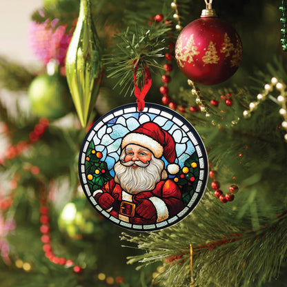 Teesdily | Christmas Santa Ornament, Santa Claus Stained Glass Printed Ornament, Christmas Ornaments Hanging Decor Xmas Tree, 2024 Ornament Gift