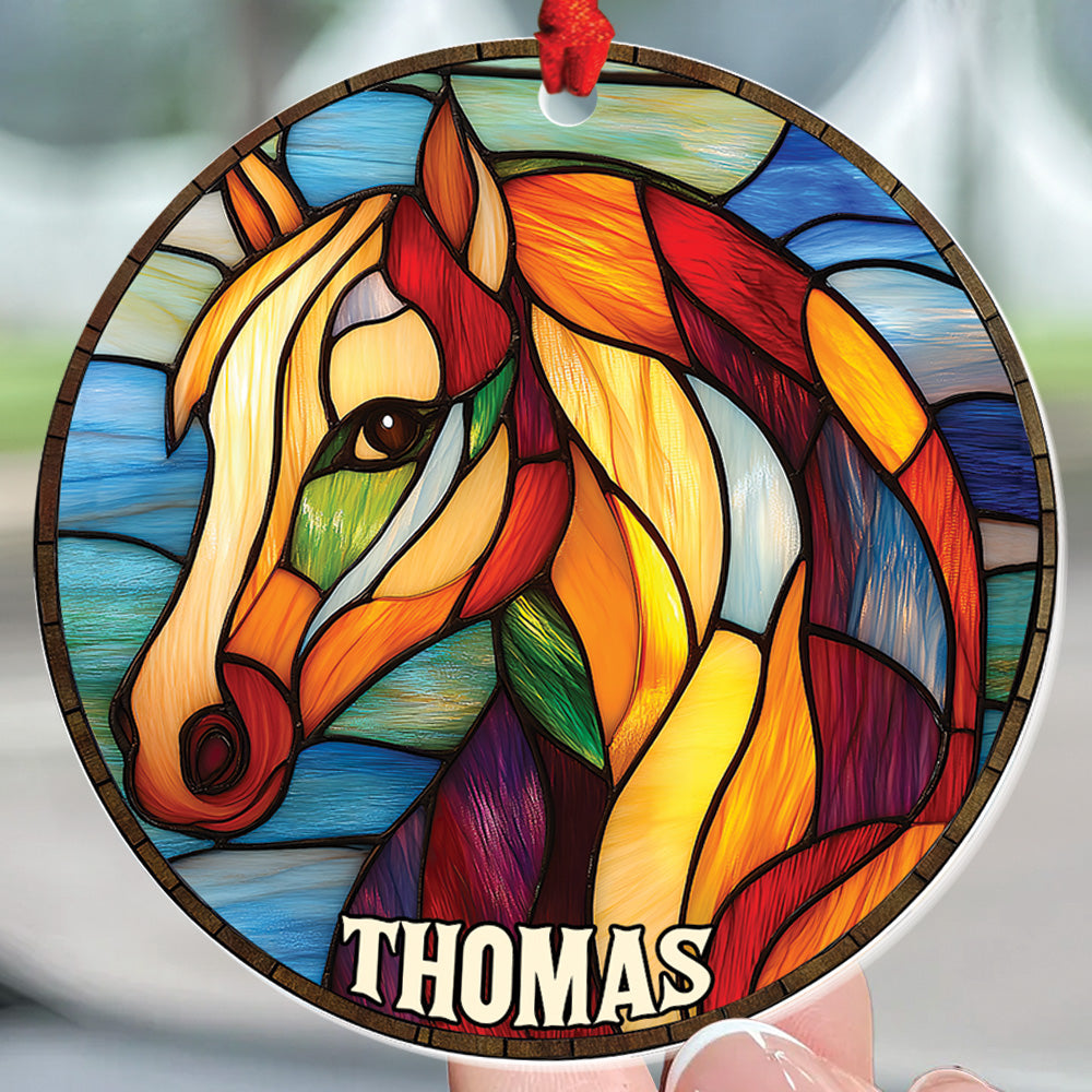 Teesdily | Personalized Horse Ornament, Christmas Horse Stained Glass Printed 2D Ornament, Horse Lover Gift Christmas Decor