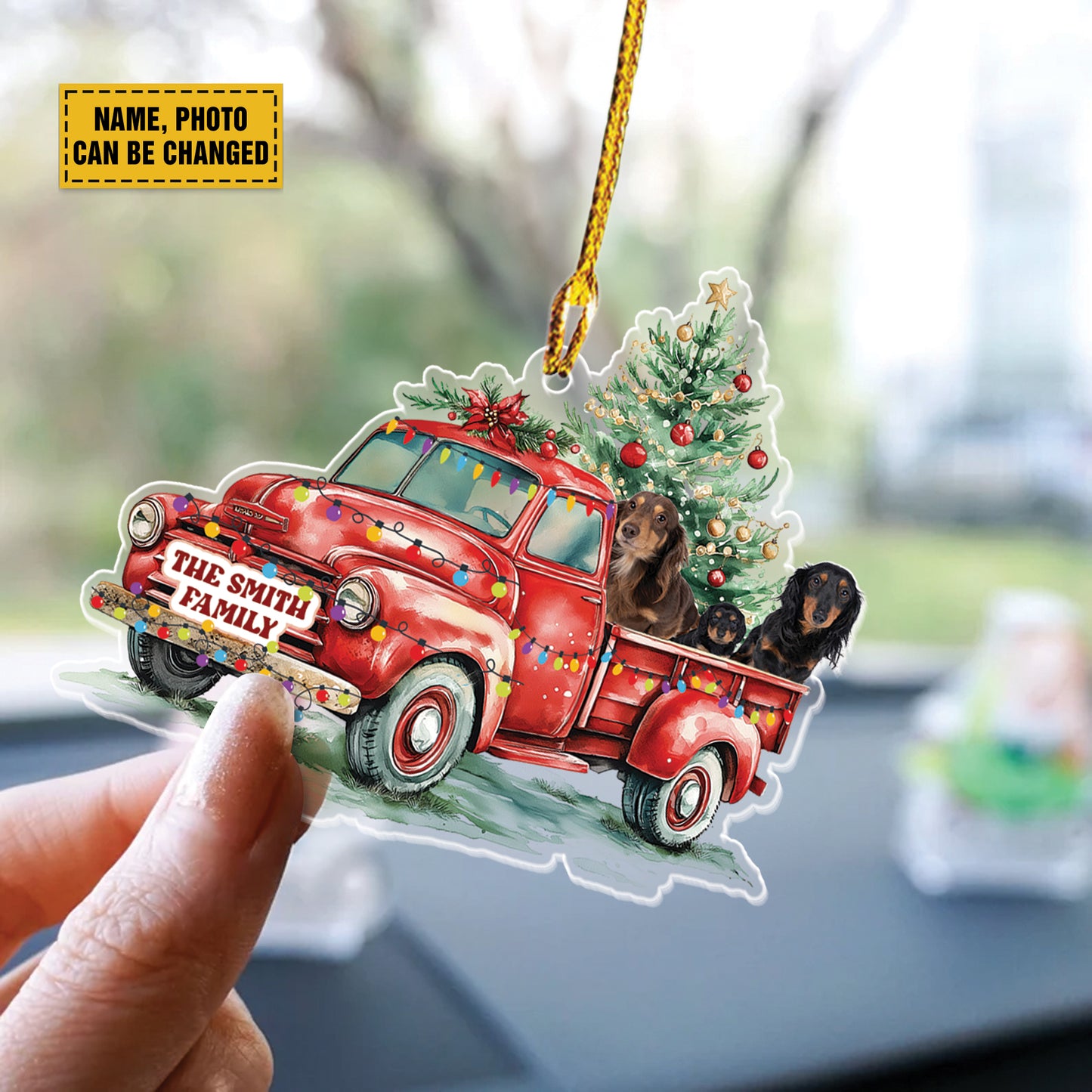 Teesdily | Customized Dachshund Red Truck Christmas Ornament, Dog In Car Hanging Ornament Christmas, Dog Mom, Dog Lover Gift Xmas