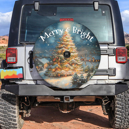 Teesdily | Christmas Tree Car Spare Tire Cover, Merry And Bright Car Wheel Cover Family Christmas Gift, Holiday Winter Tis The Season, Car Decoration