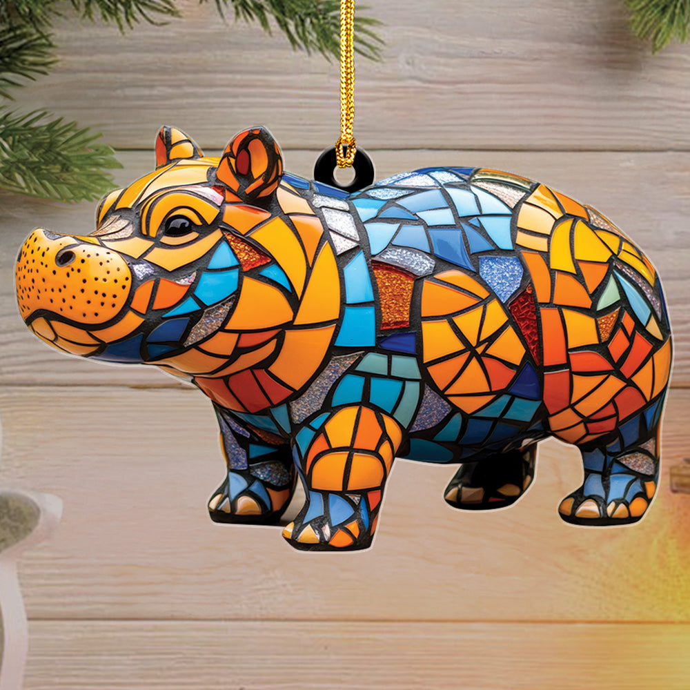 Teesdily | Cute Colorful Mosaic Hippopotamus Christmas Ornament, Stained Glass Design Hippo Xmas Gift Ornament, Hippo Lovers Gift