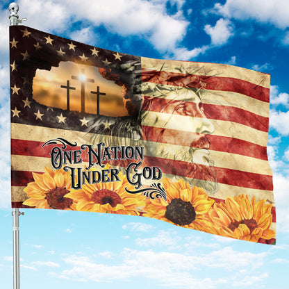 Teesdily | One Nation Under God Garden Flag, Christian Jesus American Flag Yard Home Banner, Christ Cross Sunflower House Flag, Jesus Lover Gift