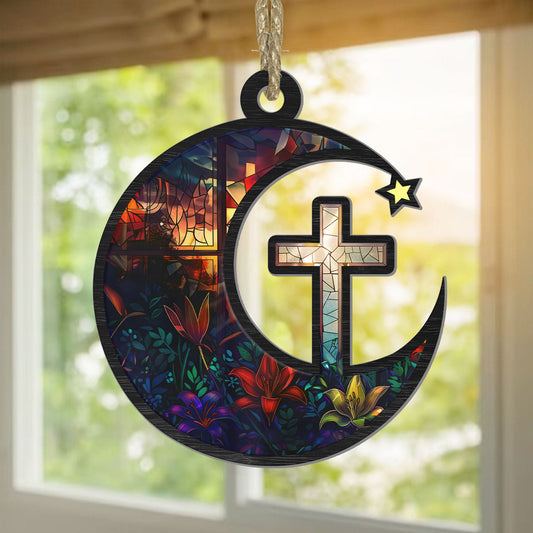 Teesdily | Stained Glass Jesus Cross Suncatcher Ornament, Christian Cross Suncatcher Acrylic Car Hanging Ornament, Christian Christmas Decoration