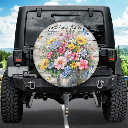 Teesdily | Pansies Blooming Butterfly Spare Tire Cover, Just Have Faith God Wheel Cover, Christian Girl Gifts, Inspiration Spare Tire Cover 27"-34"