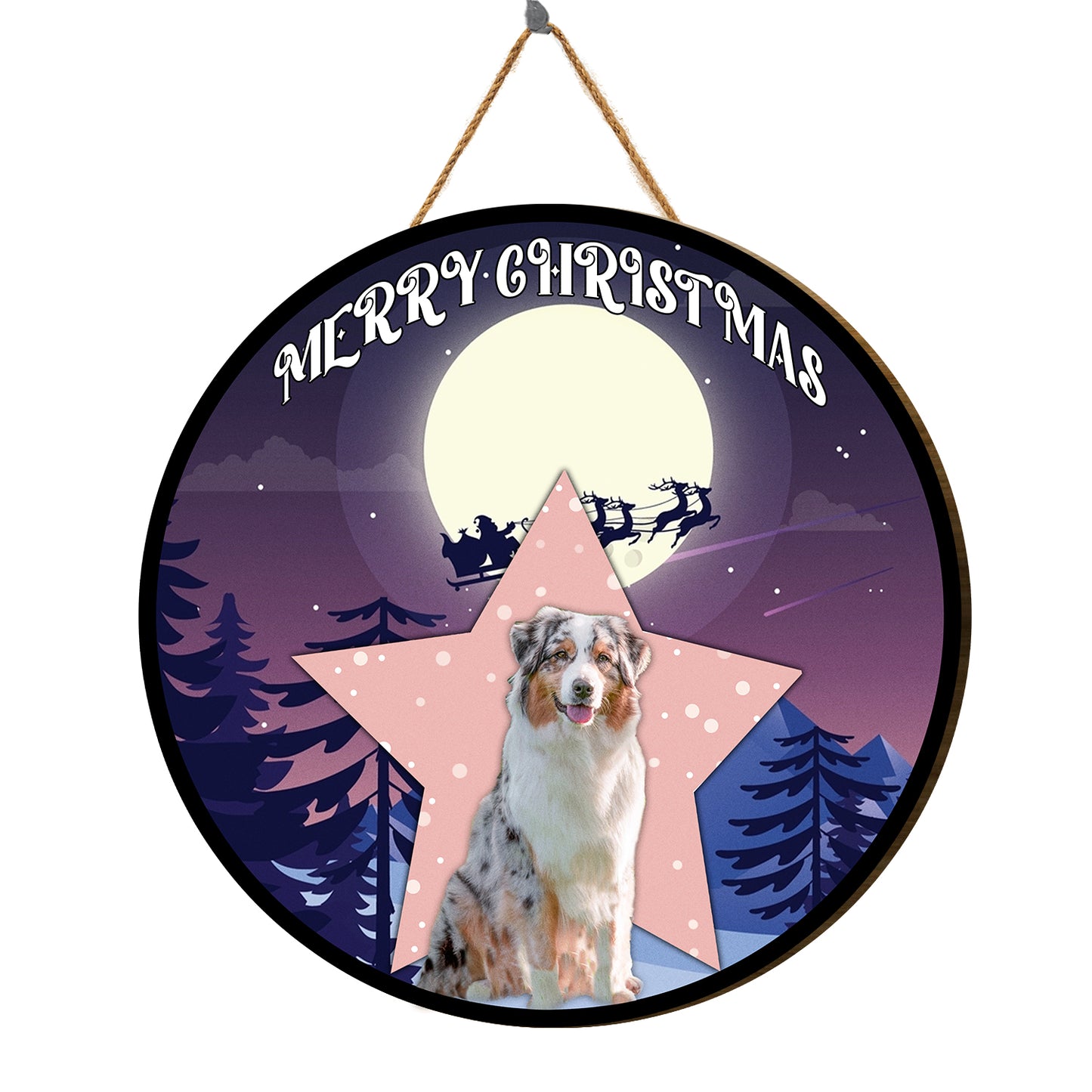 Teesdily | Customized Photo Dog Christmas Mountain Wood Sign Christmas Home Decor Gift For Dog's Lovers Christmas Vacation Front Door Welcome