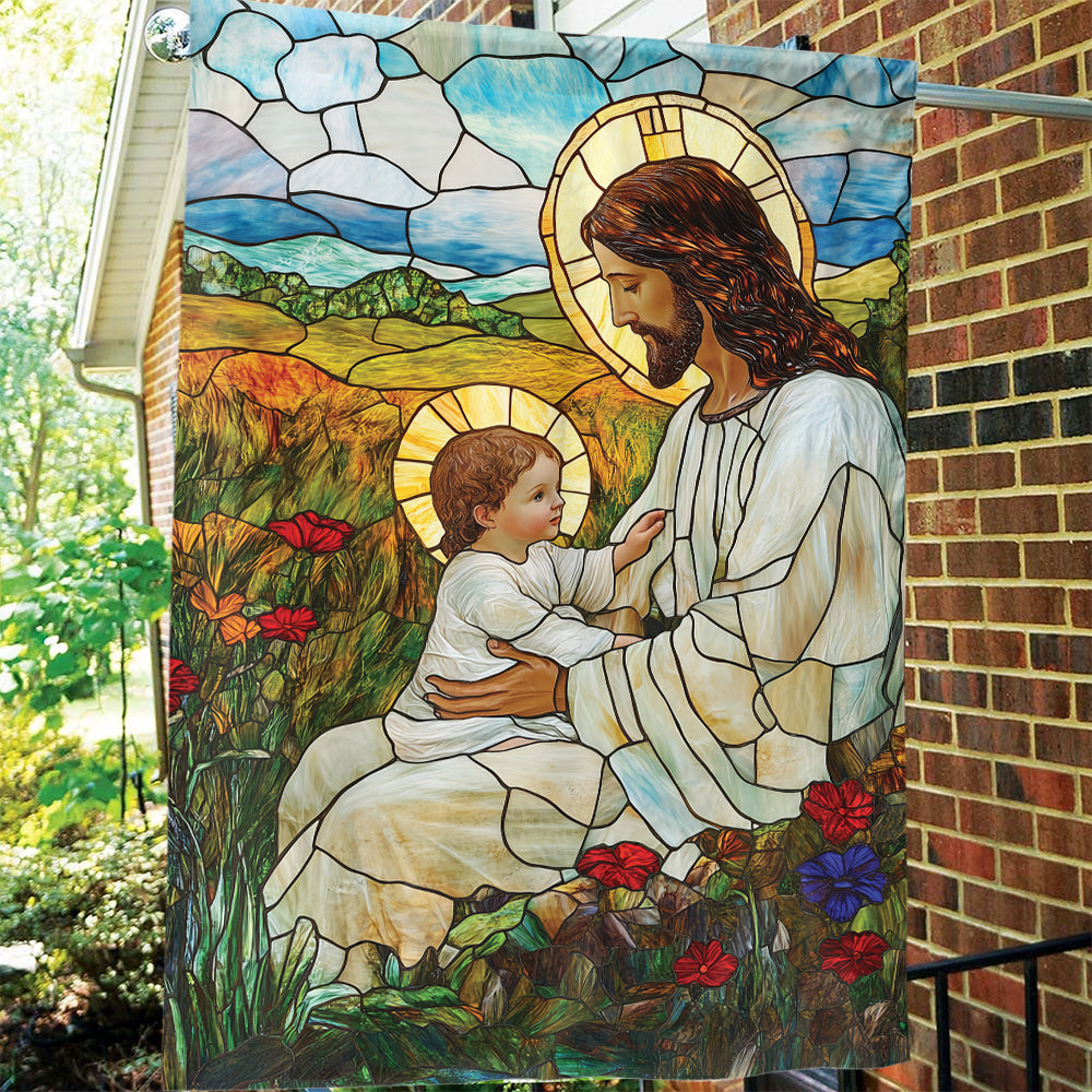 Teesdily | Jesus Blessing The Children Garden Flag, God With Children Flower Stained Glass Printed Flag Yard, Christmas House Flag