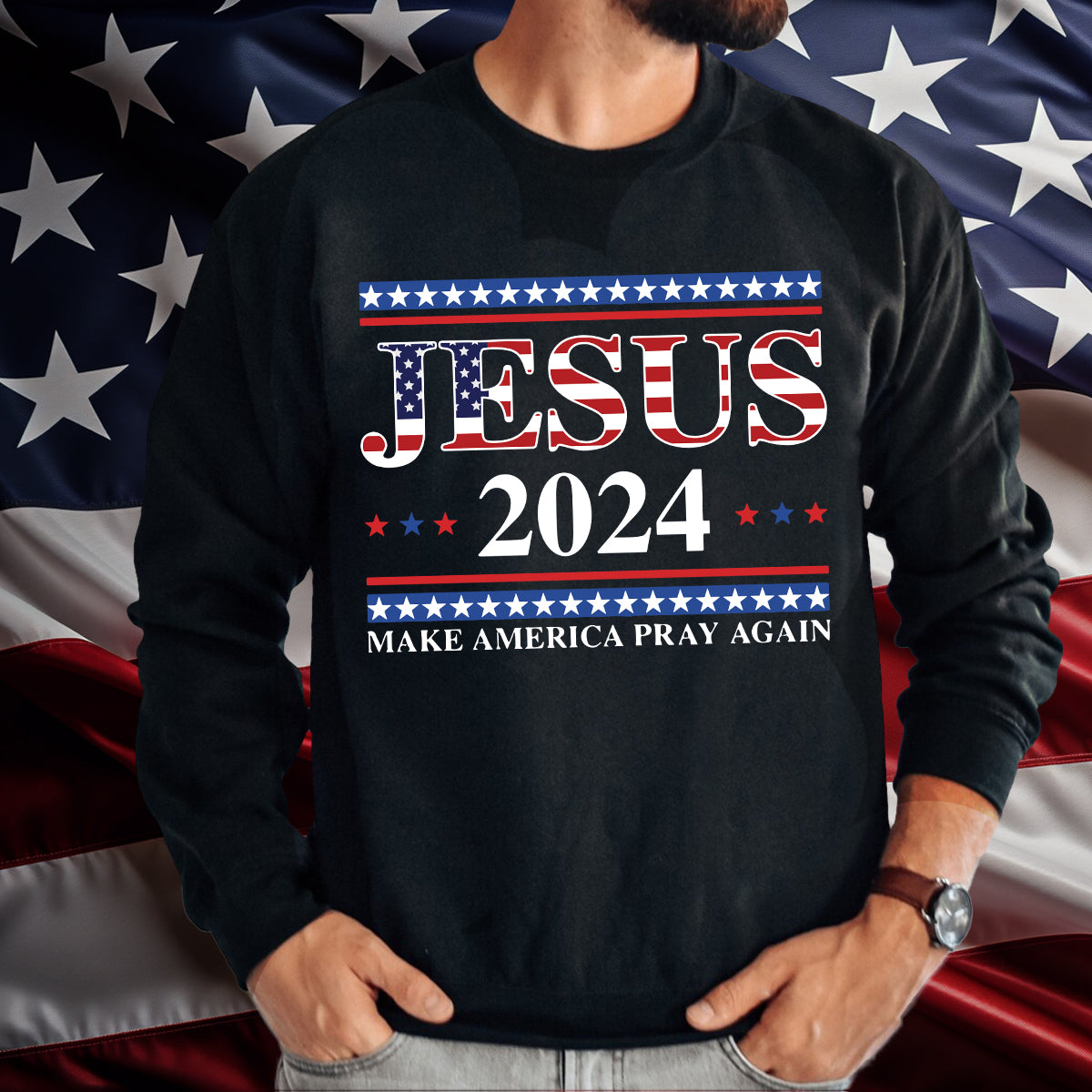 Teesdily | Jesus American T-shirt, Jesus 2024 Make America Pray Again Tee Sweatshirt Hoodie Mug, Christian Patriotic Shirt, Jesus Lovers Gifts