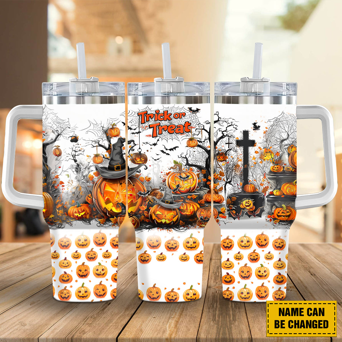 Teesdily | Customized Halloween Pumpkin Trick Or Treat Tumbler 40oz, Pumpkin Witch Spooky Tumbler Mug, Fall Pumpkin Travel Mug Halloween Holiday Gift