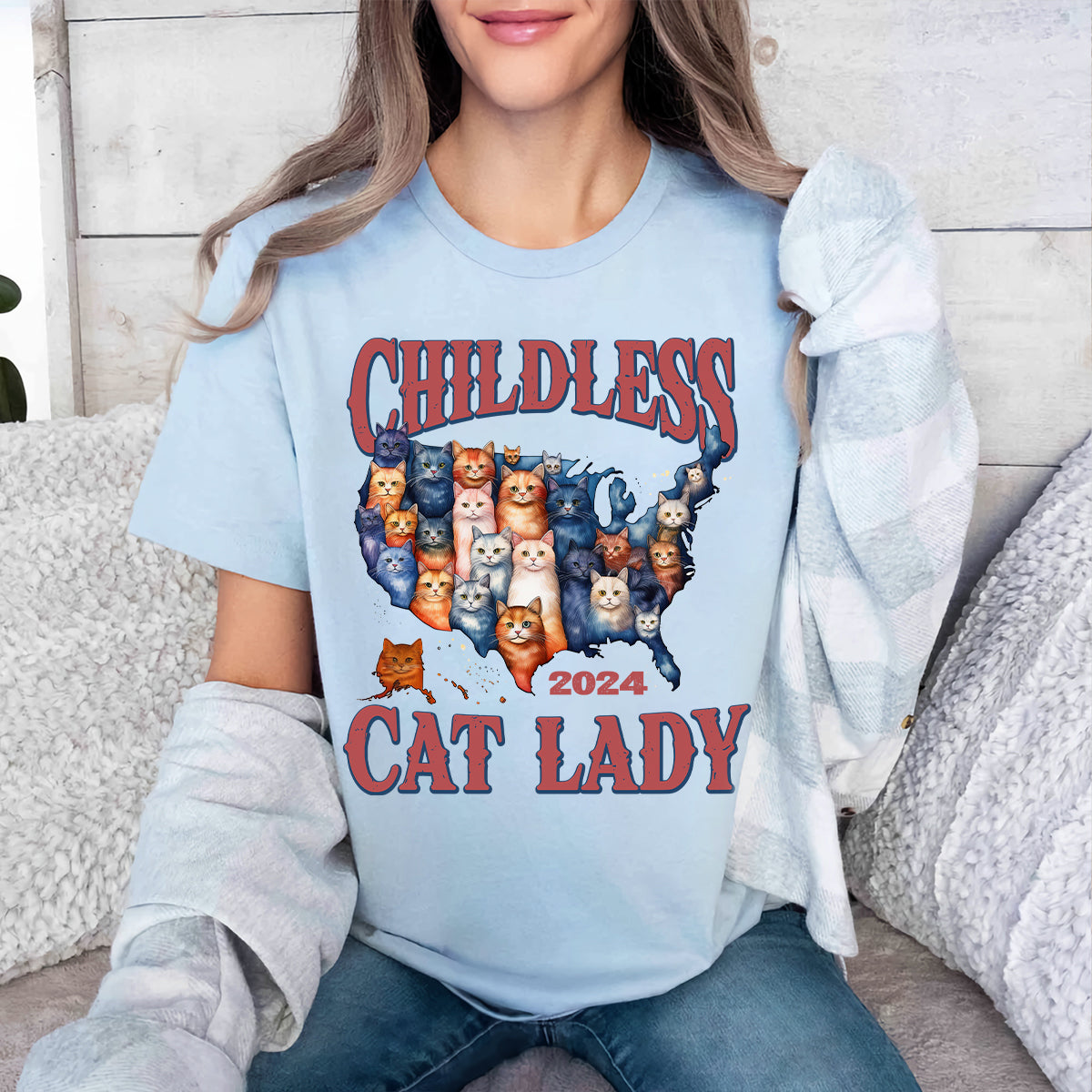 Teesdily | Childless Cat Lady 2024 Shirt, American Map Cats T-shirt, Funny Childless Cat Lady For Ka-mala Sweatshirt Hoodie Mug, Cat Lovers Gift