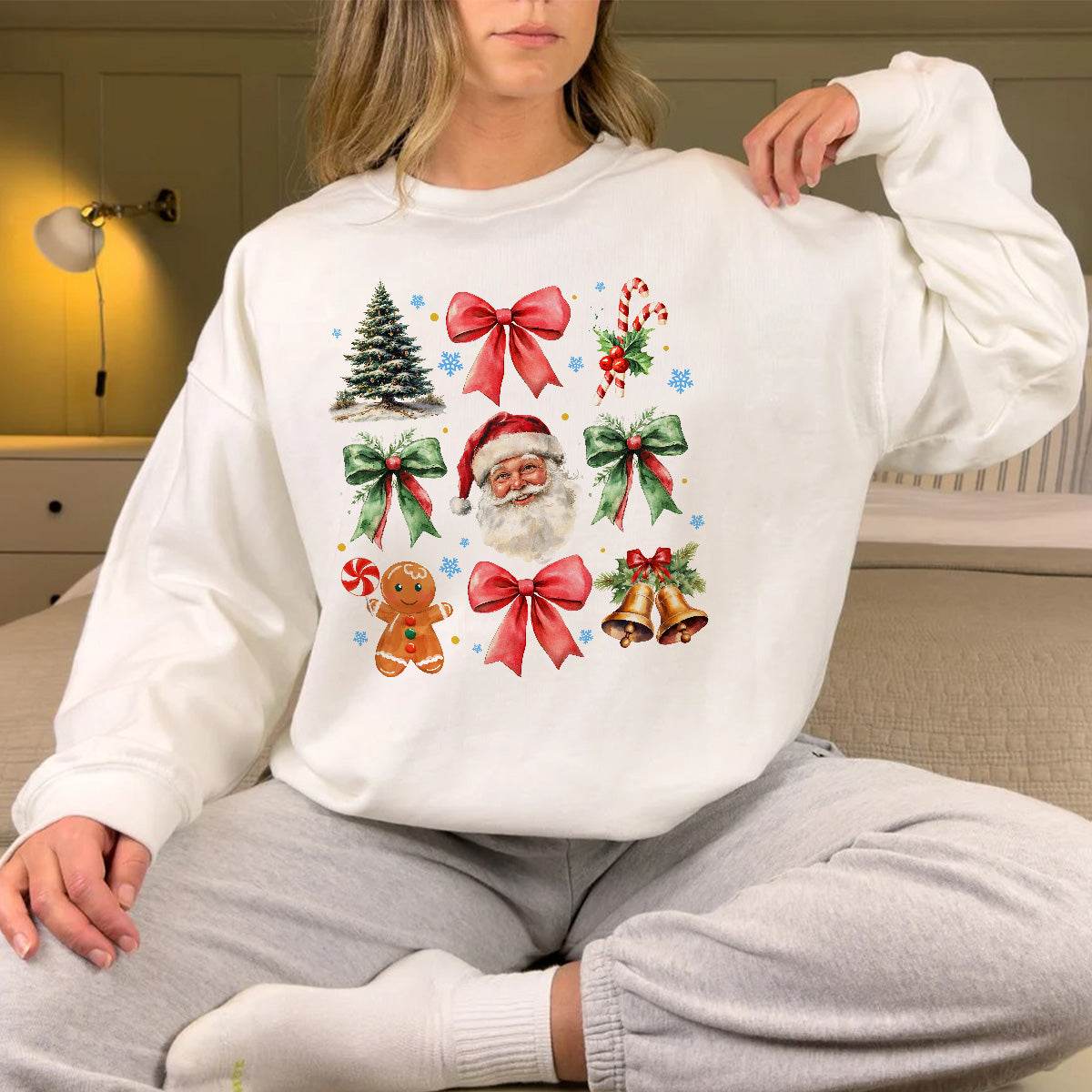 Teesdily | Retro Coquette Bow Christmas Shirt, Coquette Santa Gingerbread Sweatshirt, Christmas Tree Bow Coquette Hoodie Mug Gift