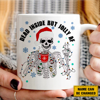 Teesdily | Personalized Christmas Skeleton Shirt, Dead Inside But Jolly AF Sweatshirt Hoodie Mug, Christmas Skeleton Coffee T-shirt